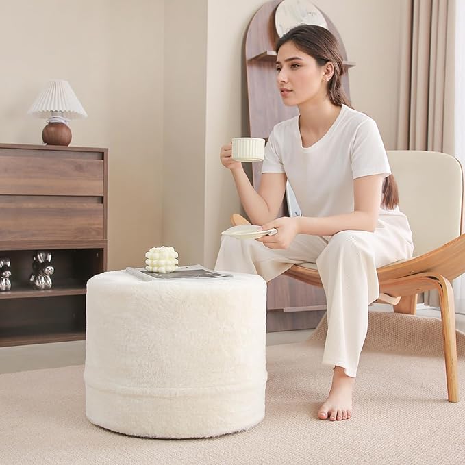 Tiita Round Stuffed Pouf Ottoman, Plush Poufs with Foam Chunk Filling, Foot Rest Stool for Living Room, Cream