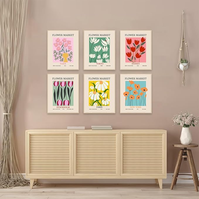 Flower Market Poster Set of 6, Vintage Flower Market Wall Art Prints, Abstract Colorful Floral Wall Art Decor, Minimalist City & Flower Canvas Painting Pictures for Aesthetic Room, Bedroom, Living Room, Gallery, Boho Room Decor(8x10inch, Unframed)