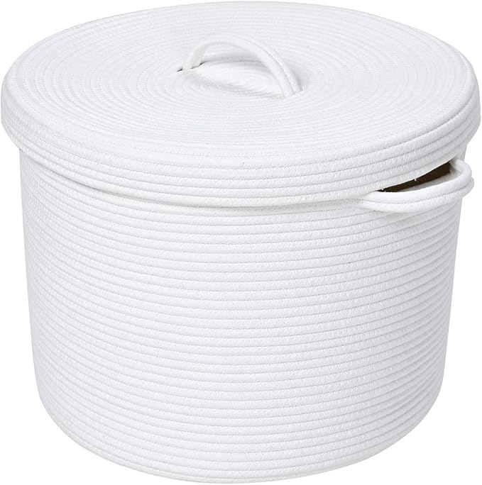 16" x 16" x 13" Medium Storage Basket with Lid, Cotton Rope Storage Baskets, Laundry Hamper, Cloth Bin, for Clothes Blankets Pillows Storage in Living Room, Full White with Cover