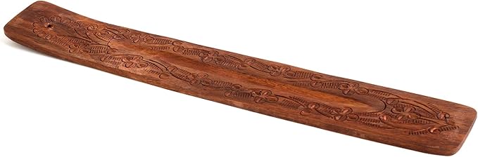 Incense Garden Wood Incense Holder - Carved Wooden Ash Catcher - Hand Stained - 10 inches Long (Brown)