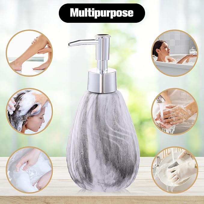 Ceramic Soap Dispenser and Soap Dish Set, Marbled Elegant Bathroom Decor with Non-Slip Base, Modern Hand Wash Bottle & Soap Tray for Bathroom Sink Countertop, Kitchen, Spa (White)