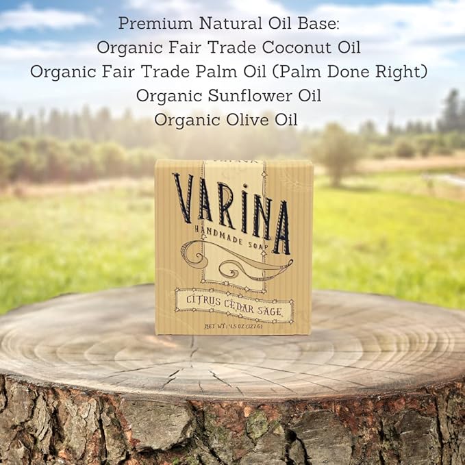 Varina Organic Citrus Cedar Sage Bar Soap - Gentle Cleansing for Sensitive Skin, Earthy Scents - 3 Pack - Experience Healthy and Glowing Skin