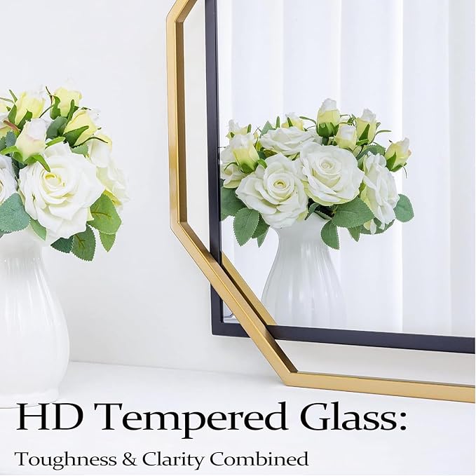 Decorative Wall Mirror, Black and Gold Bathroom Mirror for Wall with Modern Octagonal Metal Frame, for Living Room, Dining Room, Entryway (36" x 24")