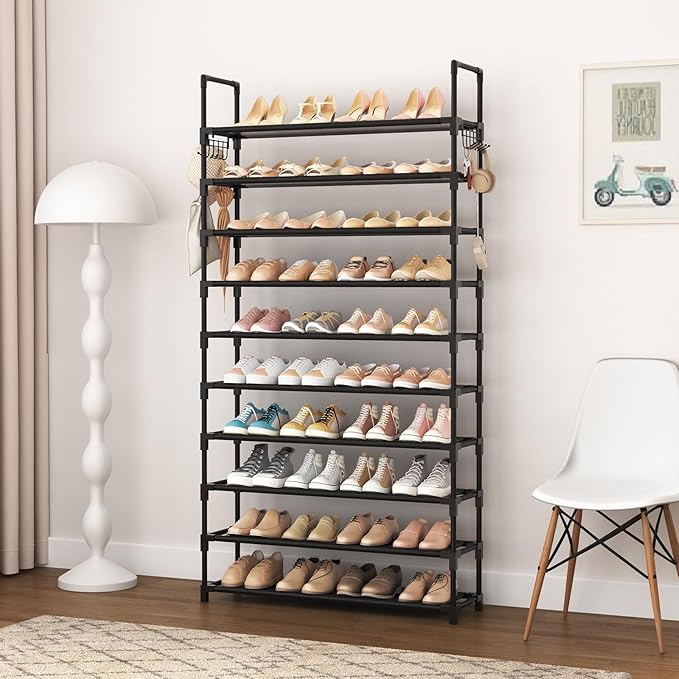 VTRIN 10-Tier Shoe Rack - Large Capacity 50 Pair Organizer with Two Hooks - Sturdy Metal Shoe Shelf for Entryway, Closet, Bedroom