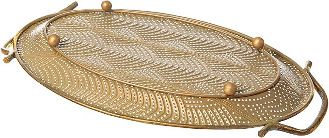 Glitzhome Set of 2 Vintage Gold Decorative Trays with Handles, Metal Large Oval Jewelry Decorative Trays, Bathroom Dresser Vanity Trays