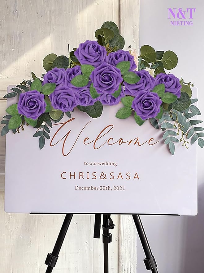 N&T NIETING Artificial Flowers Purple Roses, 25Pcs Fake Flowers Foam Roses with Stems for DIY Wedding Bridesmaid Bridal Bouquets Centerpieces Party Home Decoration Baby Shower