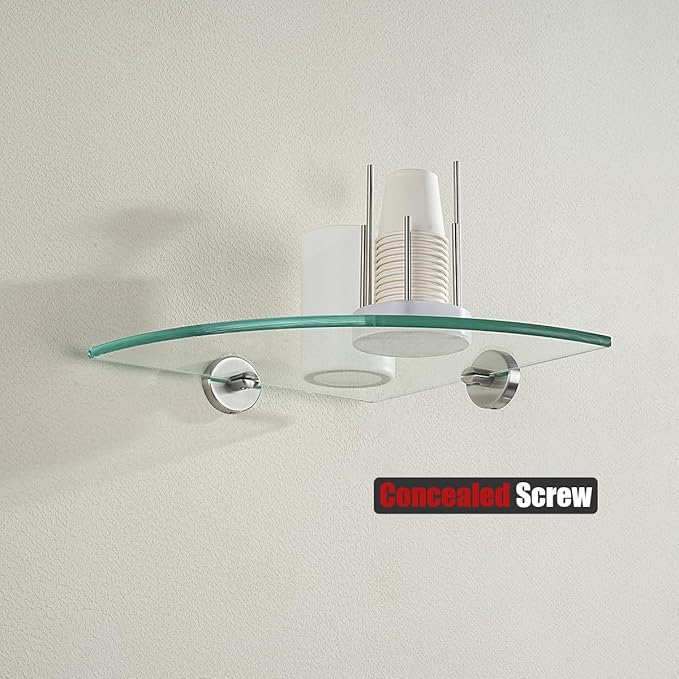JQK Corner Glass Shelf, Brushed Steel Bathroom 304 Stainless Steel Shower Triangle Floating Wall Shelf, 10 x 10 Tempered Glass, 3 Pack, TGS190L10-BN-P3