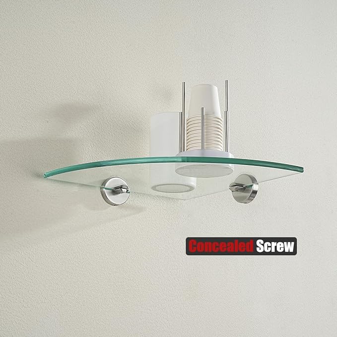 JQK Corner Glass Shelf, Brushed Steel Bathroom 304 Stainless Steel Shower Triangle Floating Wall Shelf, 10 x 10 Tempered Glass, 2 Pack, TGS190L10-BN-P2