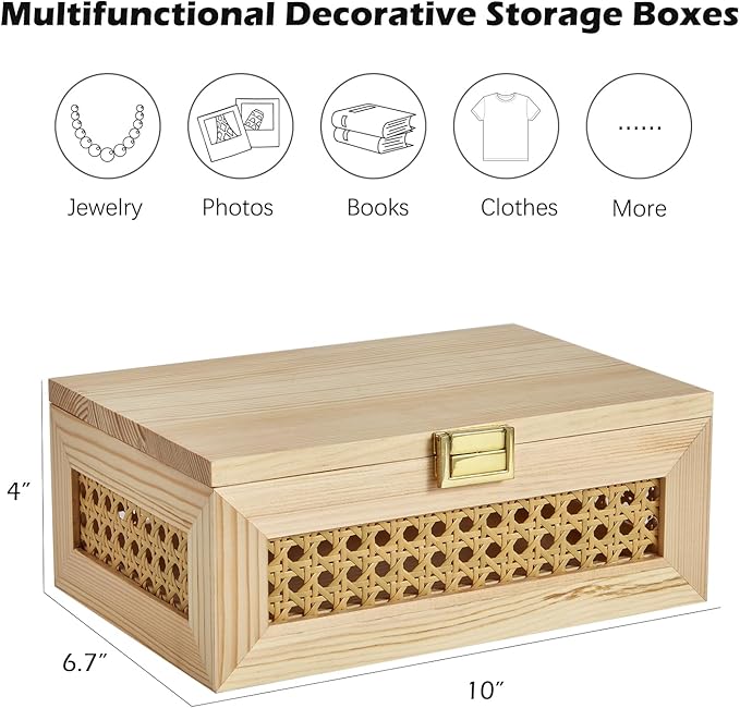 Decorative Rattan Storage Boxes Solid Wood Woven Baskets Bins with Lid Keepsake Memory Jewelry Box Natural Boho Shelf Wicker Closet Desk Organizer Container (Light Wood, Small Size)