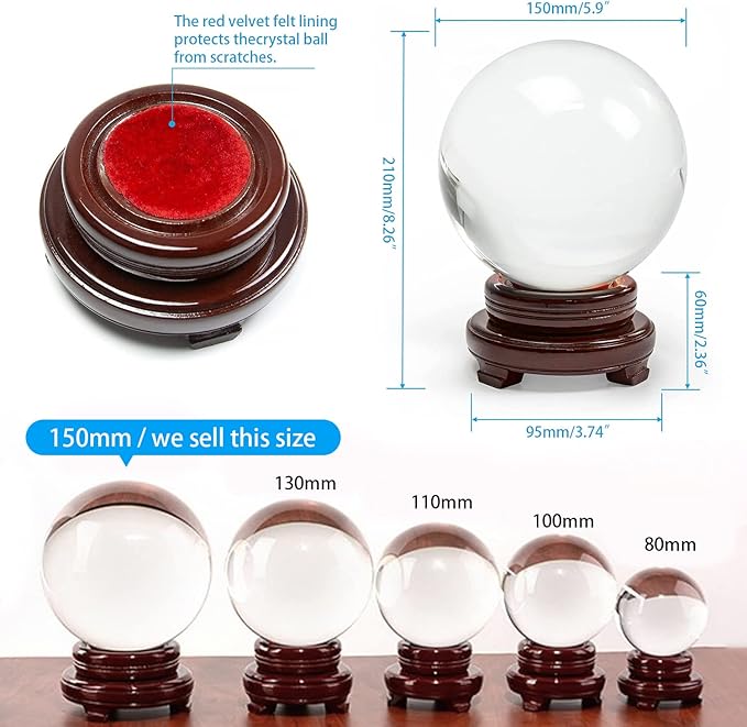K9 Crystal Ball 150mm(6 inch) Clear Crystal Ball with Wooden Stand for Lense Ball Meditation Divination Healing Photography Decor Magic Healing Sphere Ball