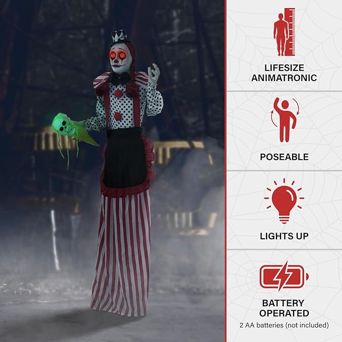 Haunted Hill Farm Life-Size Scary Talking Clown Girl, Creepy Halloween Prop with Touch Activated Lights, Poseable, Battery Operated Indoor or Covered Outdoor Halloween Decorations