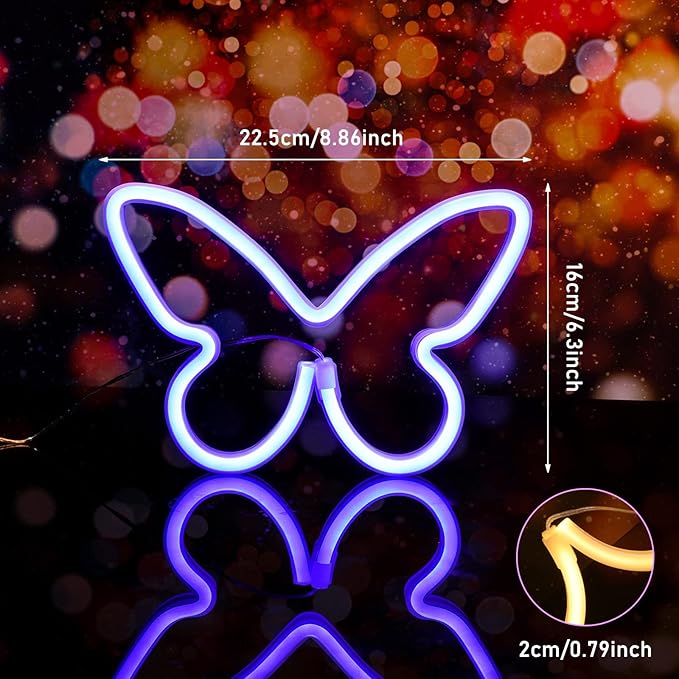 Riakrum 2 Pcs Butterfly Neon Signs LED Light 3AA Battery Powered USB Operated Wall Neon Light Decor Butterfly Wall Art for Christmas Home Bedroom Birthday Party Decor(Blue, Warm White)