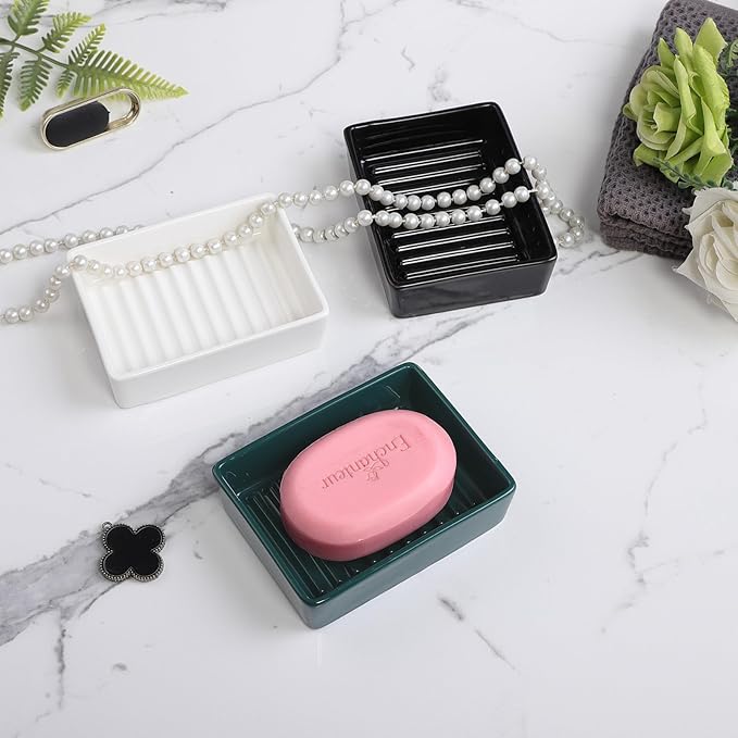 Green Rectangle Ceramic Soap Dish - Modern Hand Soap Holder for Bathroom, Kitchen, Shower, Countertop