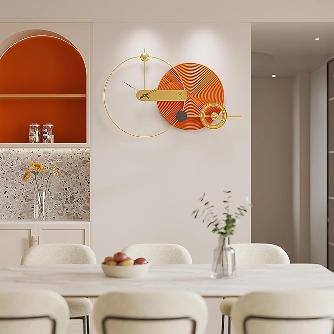Wall Clock Large 39 Inch - Modern Orange Nordic Style, Battery Operated Silent Metal Decorative Clock for Living Room Bedroom Office House