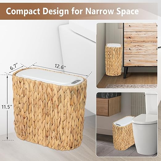 Boho Kitchen Trash Can with Lid,3.5 Gallon Automatic Small Rattan Trash Can,Slim Wicker Motion Sensor Garbage Can and Hamper 2 in 1 for Bathroom,Narrow Waste Basket for Office, Living Room