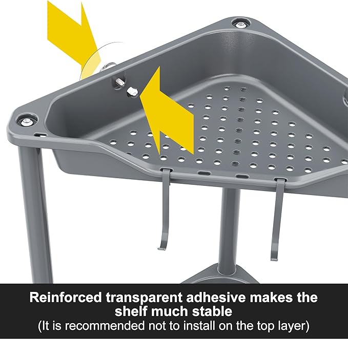 Orimade Rustproof 2 Tier Floor Standing Corner Shower Caddy Organizer, Plastic Metal Splicing Floor Corner Shelf Rack Stands for Bathroom, Grey