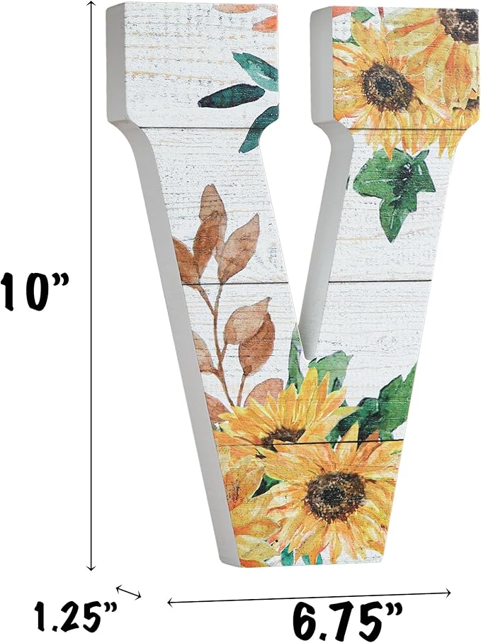 COLLECTIVE HOME - 10" Wood Lettes for Wall Decor, Sunflower Tabletop Alphabet Decoration, DIY Farmhouse Decor, Rustic Freestanding Monogram Block (V)