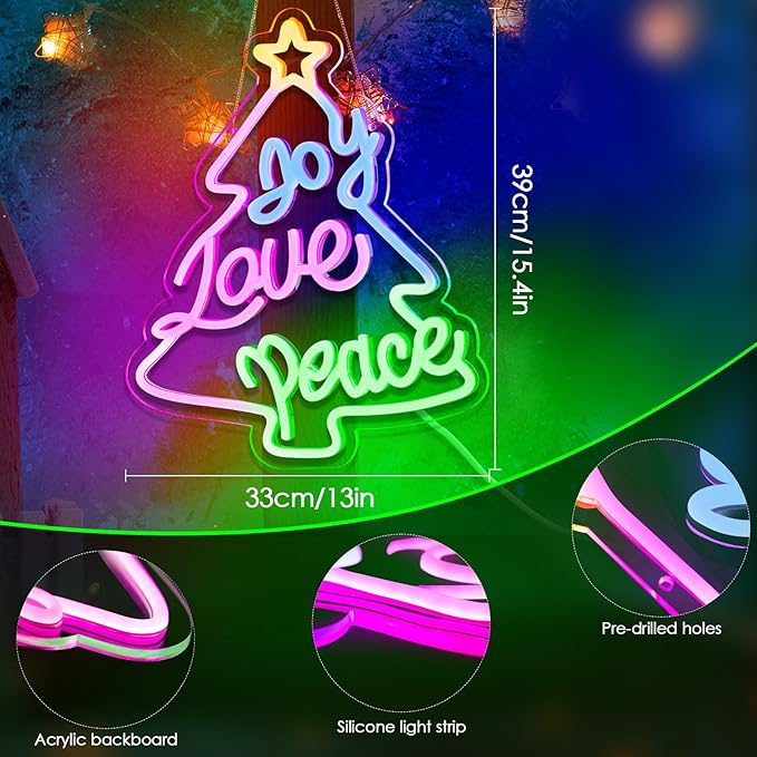 KHK JOY LOVE PEACE Neon Sign CHRISTMAS TREES Led Neon Pink Lights for Bedroom Led Sign USB Powered for Wall Decor Dimmable for Christmas Thanksgiving Birthday Party Girls Gifts