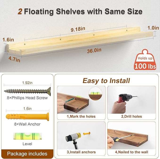 Floating Shelves for Wall 36 inch Long Wooden Wall Shelves for Bathroom Living Room Bedroom Kitchen Farmhouse, Natural Unfinished, No Stain, DIY, Set of 2 (Maple Wood, 2Pack 36inch)