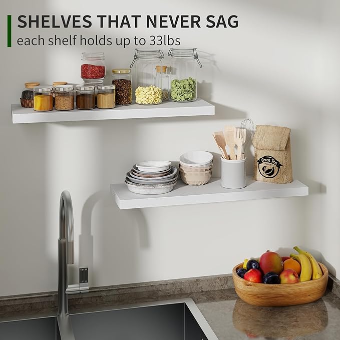 Marsmiles Wood Floating Shelves for Wall Set of 2, 24 Inch Wide Rustic Wooden Floating Shelves, Invisible Wall Mounted Display for Living Room Bedroom Kitchen Bathroom Office, White