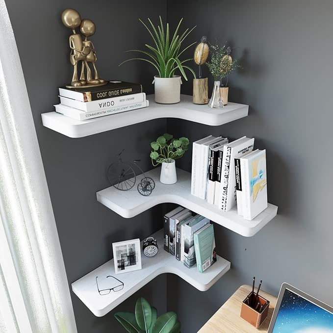 SAUMONIERES Corner Floating Shelves 24 Inch Wall Mount Shelf Solid Wood for Bedroom Bathroom Kitchen Storage Set of 2, White