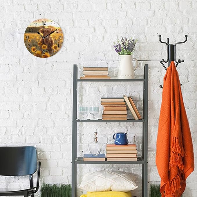 ALAZA Wall Clock Highland Cows Sunflowers Silent Non-Ticking Decorative Wall Clocks Battery Operated 10 Inch for Home Living Room Kitchen Bathroom Bedroom