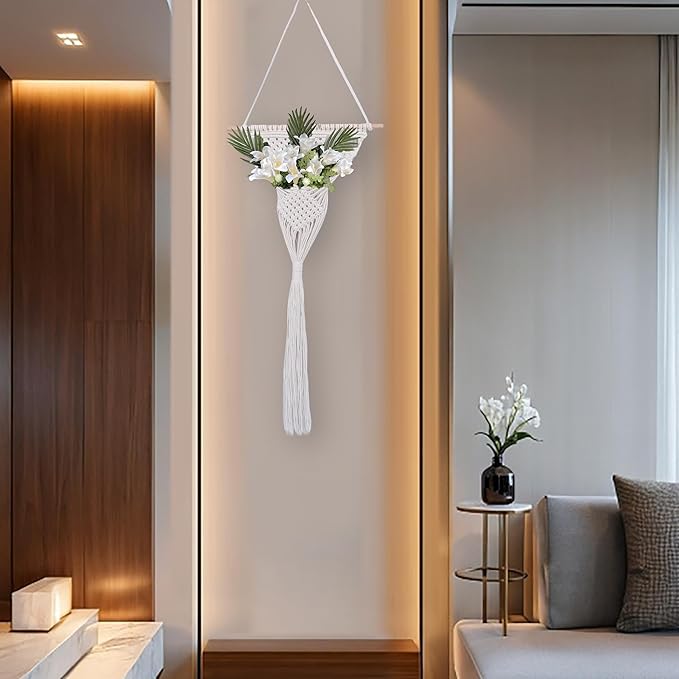 GYASVWU Cotton Rope Boho Wall Decor, Macrame Wall Hanging Decor, White Wall Art with Woven Pocket, Woven Wall Decor for Dried Flower Storage/Pampas Grass Decor/Living Room Decor/Bedroom Decor (White)