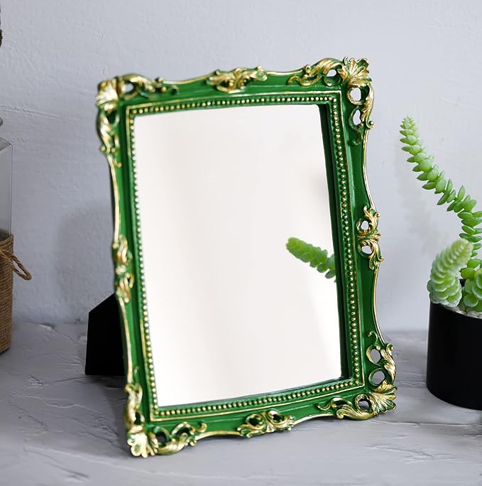 Funerom Vintage 11 x 9.5 inch Decorative Mirror, Wall Mounted & Tabletop Makeup Mirror ,Square (Green)