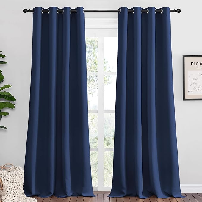 NICETOWN Bedroom Blackout Curtains Panels, 1 Pair, 52 inches by 92 Inch, Navy, Triple Weave Energy Saving Thermal Insulated Solid Grommet Blackout Draperies for Patio