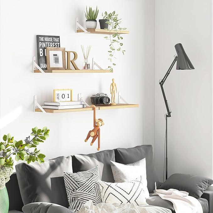 YGEOMER Floating Shelves for Wall, Different Sizes Natural Wood Wall Shelves for Living Room, Bathroom, Bedroom, Kitchen, Home Decor (Set of 4)
