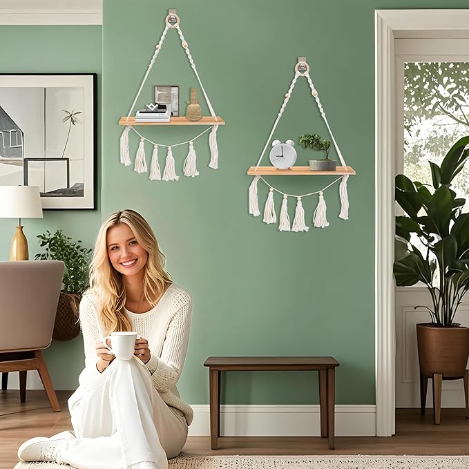 Macrame Wall Hanging Shelves,Boho Decor Floating Shelves Set of 2,Wood Floating Shelves for Wall No Drilling for Plants Photos,Women Girls Bedroom Decor,Living Room (Wooden Two-Pack)
