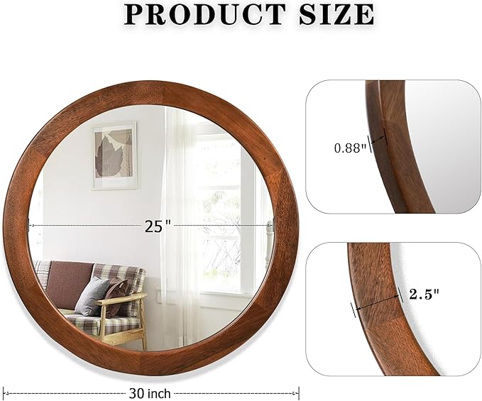 CULER Round Mirrors 30 Inch,Wood Vanity Wall Rustic Mirror with Walnut Frame, Wooden Mirror for Bathroom Bedroom Living Room Or Entryway(Walnut Brown)
