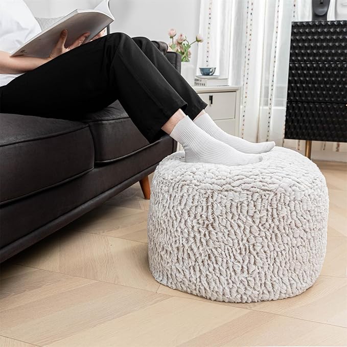 Asuprui Pouf Ottoman Stuffed Round Poof Ottoman Seat Foot Stool with Filler 20x20x12 Inches Fuzzy Chair Floor Pouf Chair Foot Rest with Storage for Living Room Bedroom Snow Coffee Pouf with Filler