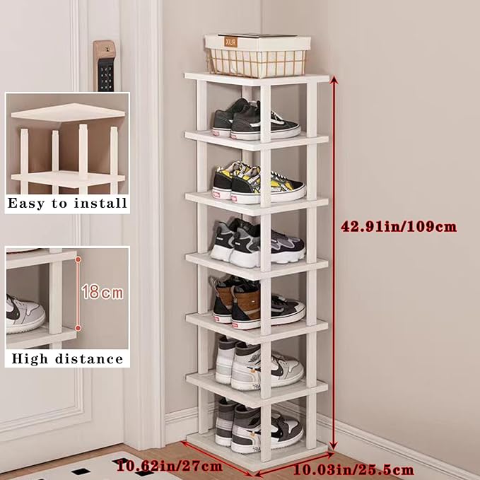 SAN HE 7-Tier Modern Bamboo Shoe Rack - Vertical, Slim, Space-Saving Shoe Organizer for Small Spaces, Closet, Entryway, Corner, Garage, Bedroom