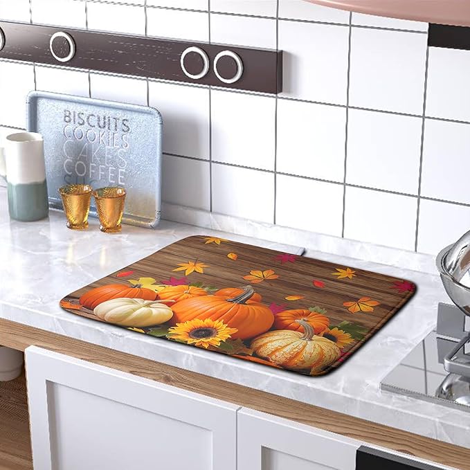 AutumnThanksgiving Pumpkin Dish Drying Mat for Kitchen Counter 16x18 Inch Fall Sunflowers Maple Leaves Harvest Kitchen Drying Mat Microfiber Super Absorbent Dish Rack Drainer Mat with Hanging Loop
