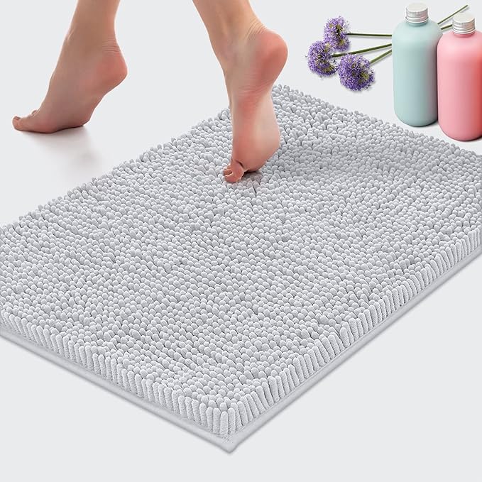 LuxUrux 2 Piece Bathroom Rug Set - Premium Plush Bath Mat Shower Rugs, 1" Chenille Microfiber, Non-Slip & Absorbent, Soft & Cozy, Durable Stylish (20x30 & 16x24 inches, White)