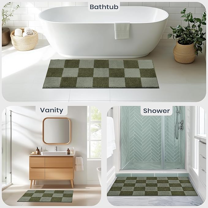 PURRUGS Bathroom Rug Non-Slip Machine Washable 20" x 30", Super Absorbent and Quick-Dry Bath Mat, Extra Soft and Plush Bath Rug for Shower, Bathtub and Sink, Sage Green & Olive Green