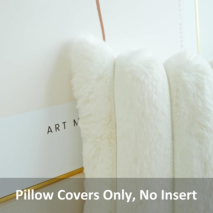 JOJUSIS Pack of 2 Faux Fur Plush Decorative Throw Pillow Covers Couch Cushion Case Soft Fluffy Pillowcases Wide Stripe (White, 22 x 22 Inch)