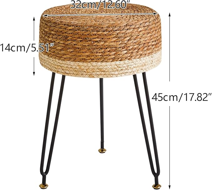 YMYNY Pouf Ottoman, Handmade Natural Water Hyacinth, Pastoral Style Footrest, Footstool with 4 Metal Legs Round Vanity Stool for Bedroom, Hallway, Living Room 12.59"L×12.59"W×17.71"H White UHBD029W