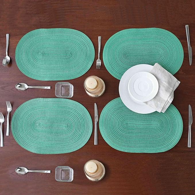 Noctiflorous Oval Braided Placemats Set of 6 Woven 12x18 Inch Non Slip Washable Heat Resistant Place Mats Round Tablemats for Dining Kitchen Party Daily Table Decor Dinner Mats (04 Green Shine, 6)