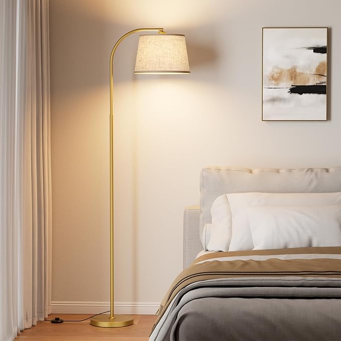Arc Floor Lamps for Living Room, Modern Floor Lamp with Remote Control and Stepless Dimmable 9W Bulb Included, Gold Tall Standing Lamp with Adjustable Linen Shade for Bedroom Office