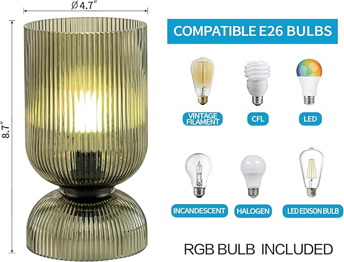 Modern RGB Glass Table Lamp with Remote,Color Changing Bedside Lamp with Green Glass Shade, 16 Colors, On/Off Cord Switch, Nightstand Lamp for Bedroom, Living Room, Office,Bulb Included