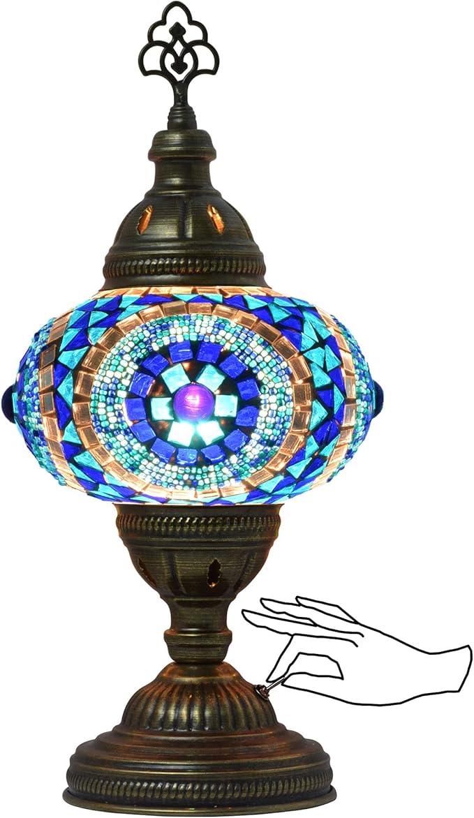 mozaist Battery Operated Turkish Lamp with Built-in LED Light, Cordless Mosaic Table Lamp, Moroccan Decorative Glass Vintage Lamp Shade, Portable Desk Bedside Stained Glass Lamp