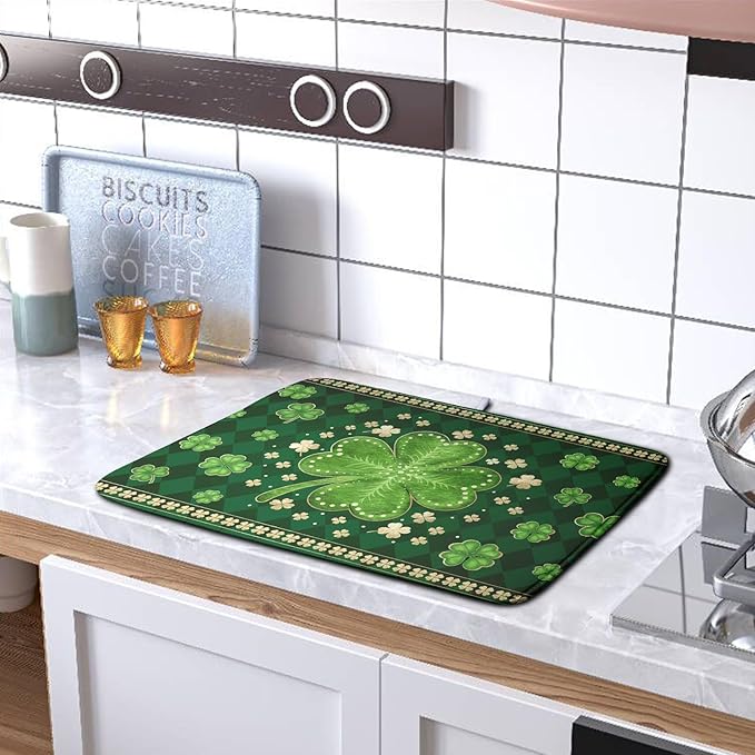 St Patrick's Day Green Shamrock Dish Drying Mat for Kitchen Counter 18x24 Inch Lucky Clover Check Plaid Drying Mat Spring Microfiber Dish Drainer Mat Super Absorbent Dish Rack Pad for Coffee Bar Sink