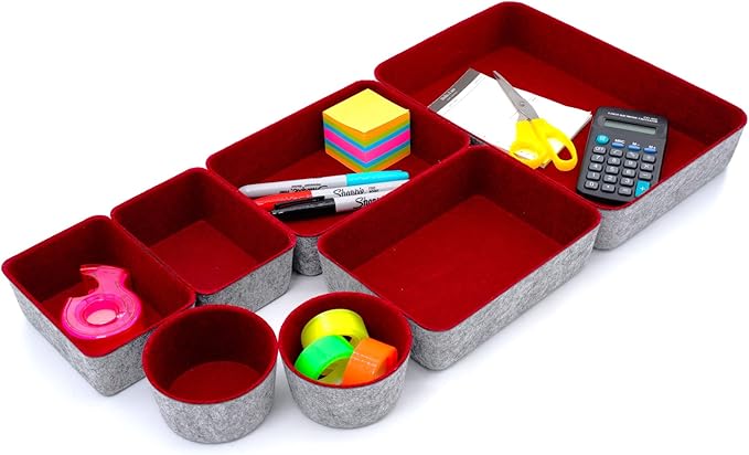 Welaxy Drawer organizers trays felt storage bins drawers dividers organizer boxes for office home interior cozy decor Gifts pack 7-pieces (Maroon)