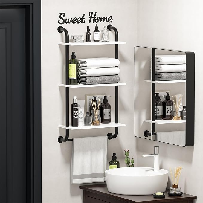 Wall Shelves 3-Tier, Bathroom Shelves Over Toilet, Rustic Industrial Pipe Shelves, Farmhouse Bathroom Decor, Floating Shelf Wall Decor for Bedroom, Living Room 17.3 inch, White