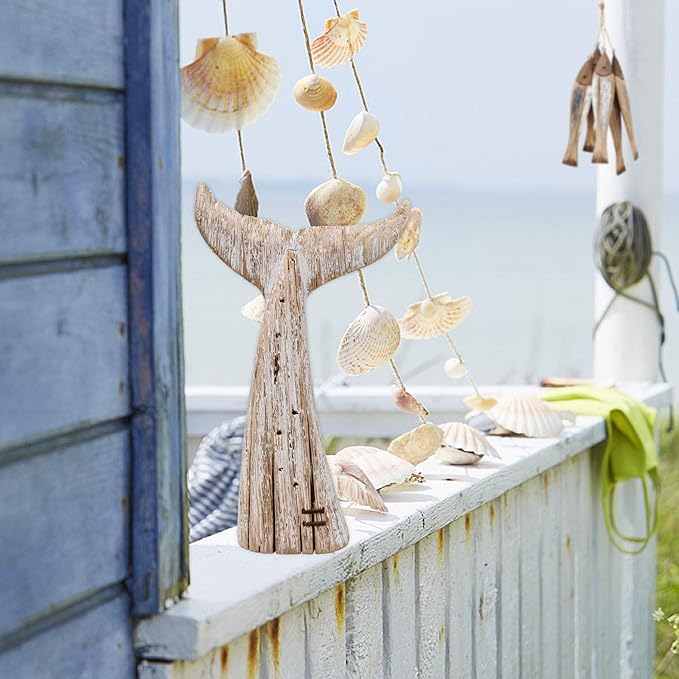 E-view Wood Whale Statue Wooden Nautical Decor for Home - Antique Fish Figures Decoration Animal Statues Beach Themed Wall Art (Whale Tail Figurine)