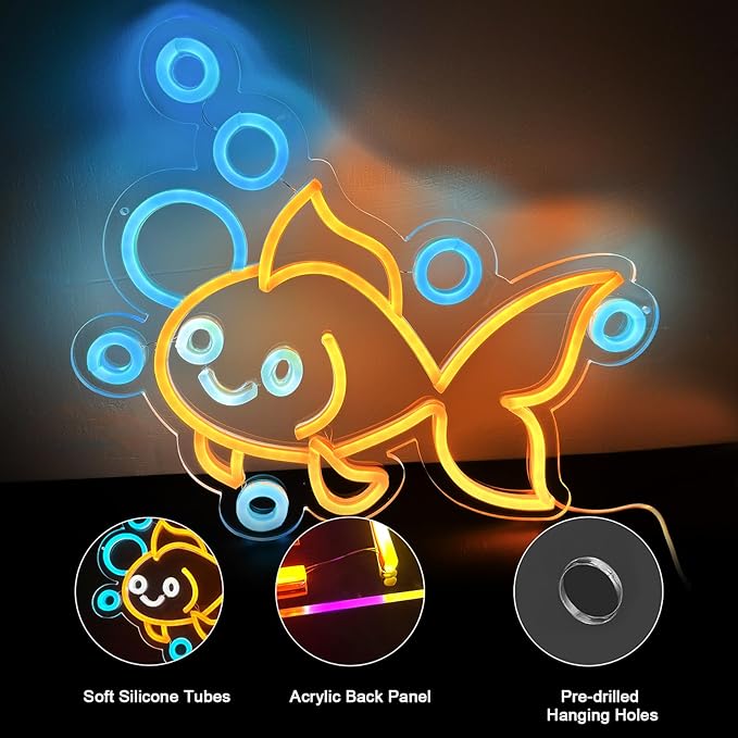 Fishing Neon Signs for Wall Decor,Bright Dimmable Led Goldfish Fish Animal Neon Light Powered by USB for Fishing Decor Room Bedroom Birthday Party Kids Gifts Man Cave Living Room