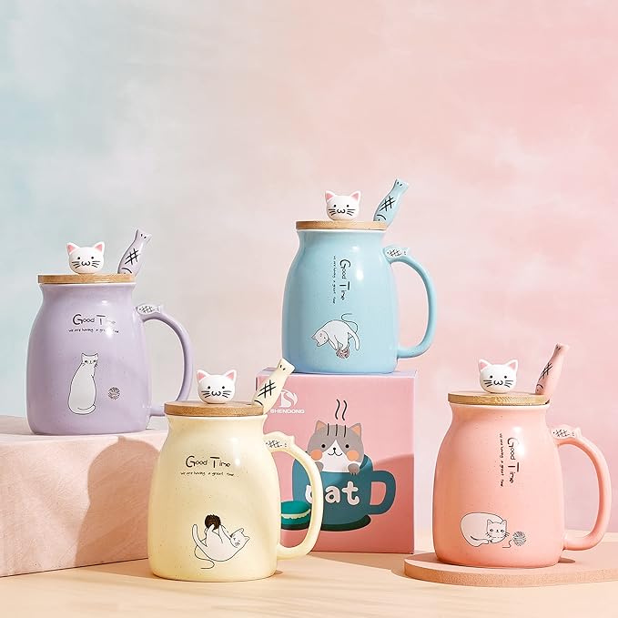 SHENDONG Cute Cat Mug - Kawaii Kitty Lid & Spoon, 15OZ, Japanese Style, Purple