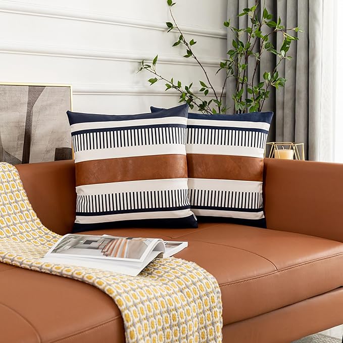 Set of 2 Navy Blue and White Boho Throw Pillow Cover, Faux Leather Modern Couch Pillow Covers 22x22 inch Farmhouse Stripe Pillowcase for Sofa Bedroom Living Room